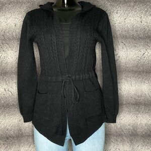 Black Hooded Cable Knit Cardigan